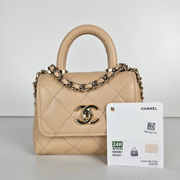 Chanel Nano Coco Top Handle Flap Bag Light Beige Caviar Gold Hardware 24K - Picture 10 of 11